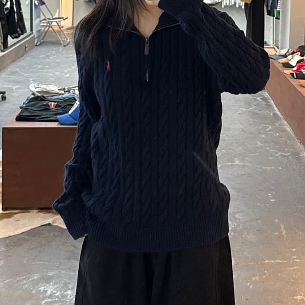 폴로 랄프로렌 꽈배기 네이비 반집업 니트 H2964