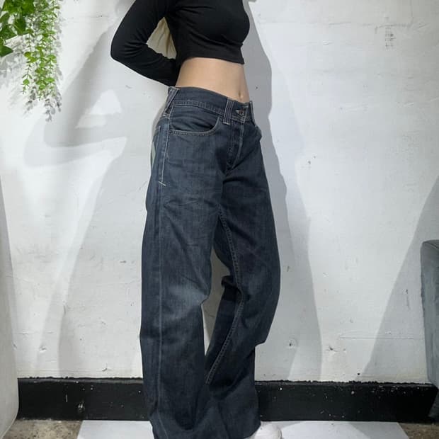 에비수 진청 와이드 부츠컷 워싱 프린팅 데님 팬츠 청바지 34