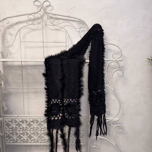 Black rabbit fur trimmed crochet muffler