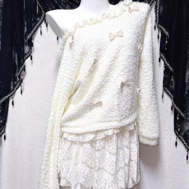 리즈리사 달천깔 라떼갸루 히메 로맨틱 로걀 백리본 뽀글이 니트 핀터 희귀