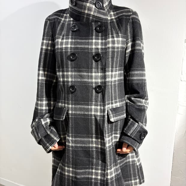 일본 빈티지 FOVL 락펑크 체크 더블버튼 미디 코트