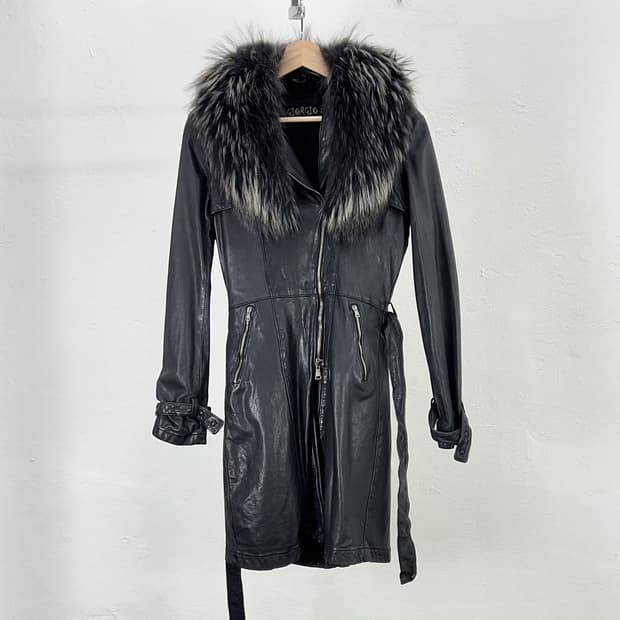 조르지오 브라토 폭스 퍼 벨티드 쉽 레더 코트 