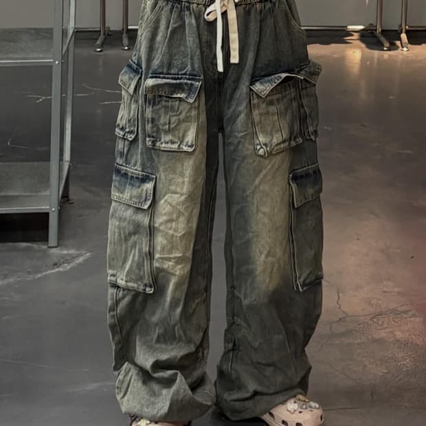빈티지 워싱 멀티포켓 카고 데님 팬츠 A3573