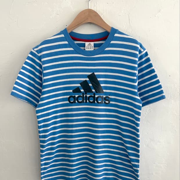 Adidas 아디다스 로고 블루 단가라 반팔 티셔츠