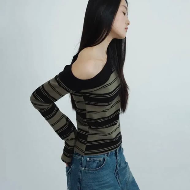 밀로우먼 원 숄더 스트라이프 티셔츠 [딥 그린]