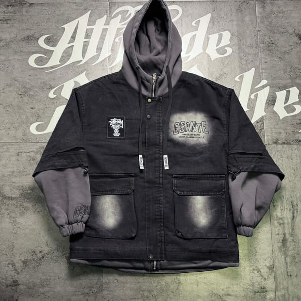 스투시 데님 페이크 투피스 겨울 한정 기모 도톰 하이넥 패딩 코트