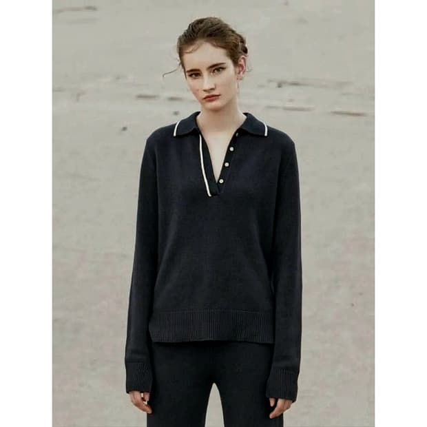 퓨어캐시미어 NYC 배색 라인 폴로 니트