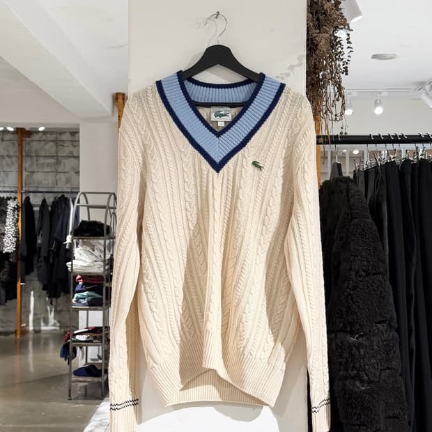 라코스테 아이보리 클래식 케이블 니트