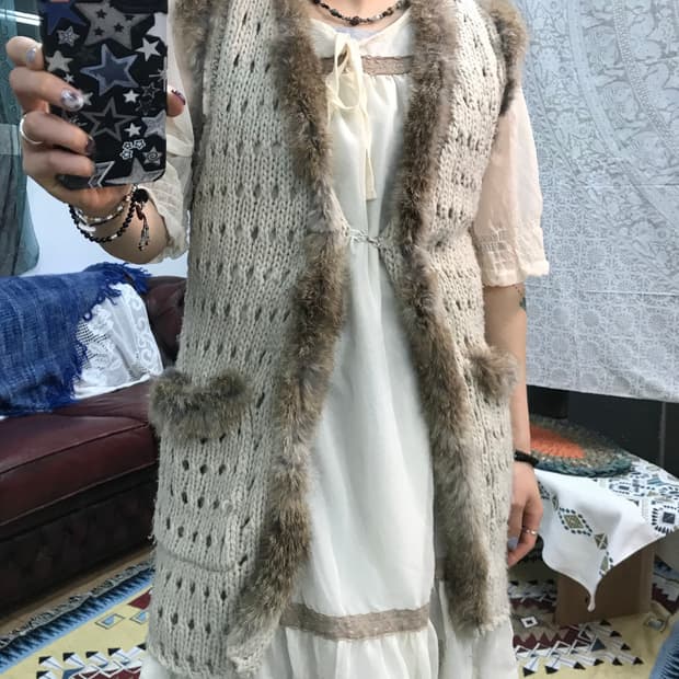 빈티지 여성 퍼 민소매 롱 가디건 (Z1006)