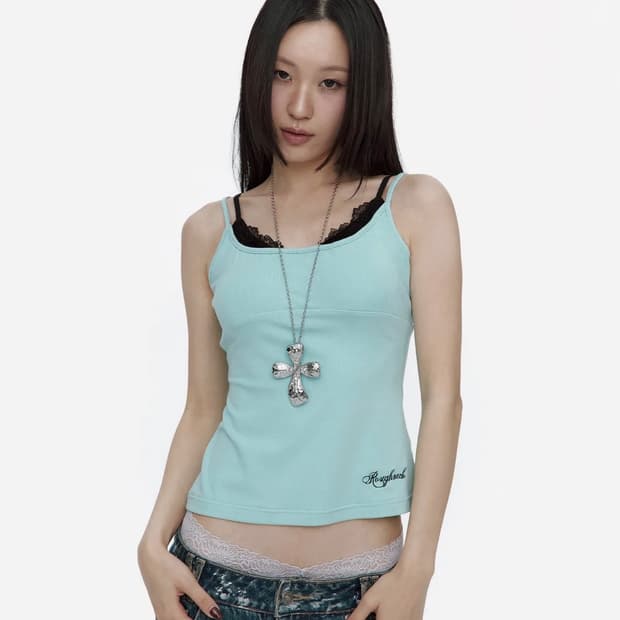 러프넥 레이스 레이어드 슬리브리스 민트