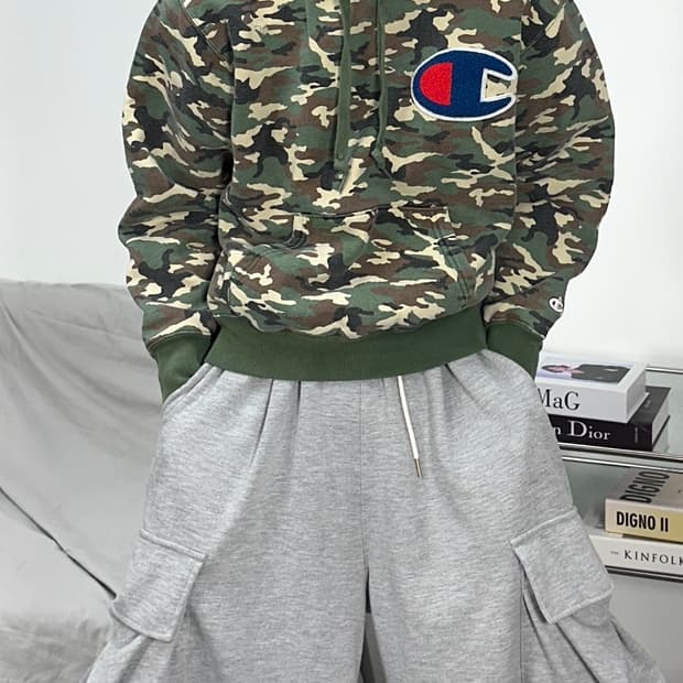 챔피온 제펜 카모 빅로고 후드티 L