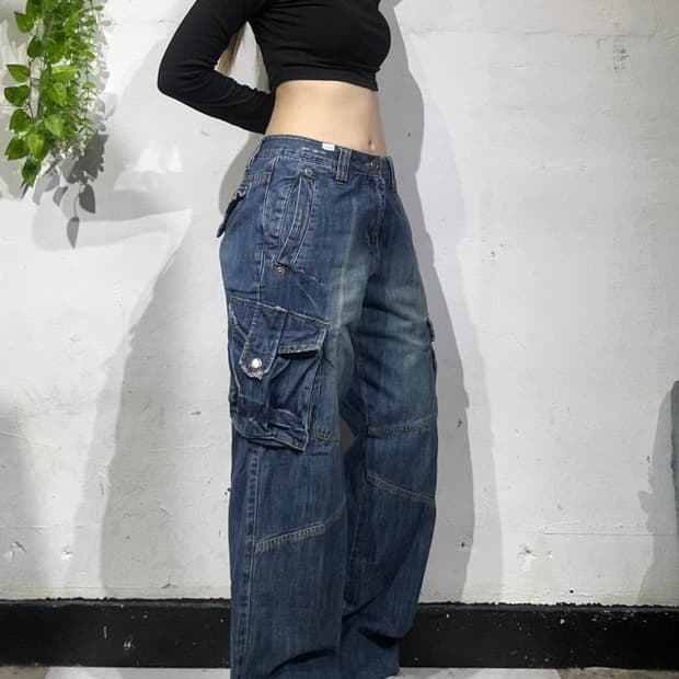 May Pole 빈티지 중청 대장급 데님 카고 팬츠 와이드 포켓 청바지 