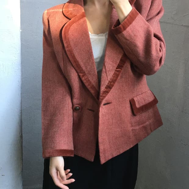 Dior 크리스찬 디올 레드 브라운 트위드 벨벳 블레이저