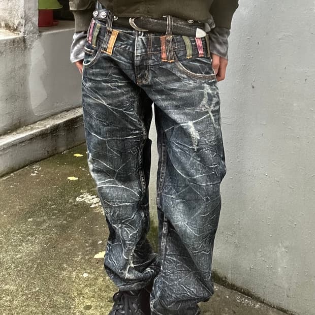 2000s JPN Y2K 투웨이스트 워싱 디테일 데님팬츠