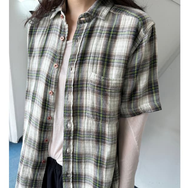 Cotton gauze fabric check shirt