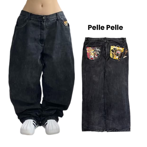 펠레펠레 스컬 해골 뱀 올드스쿨 타투 자수 흑청 와이드 데님팬츠