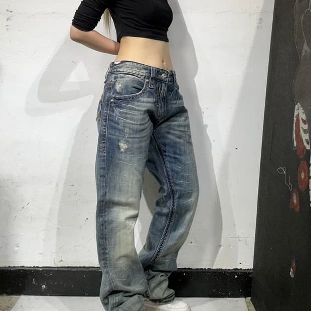 ㅣ락 리바이벌 y2k 와이드 자수 워싱 데님 팬츠 새깅 힙합 청바지 