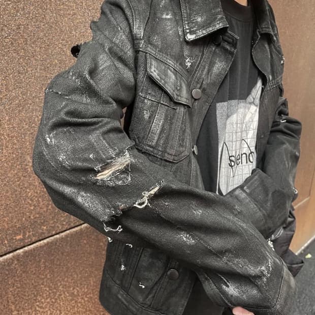 워싱 디스트로이드 블랙 데님 자켓