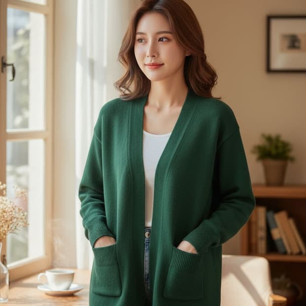여성 그린색 니트 가디건 진초록 포켓 루즈핏