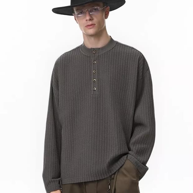 ️️️♦️ Wrinkle pleats / 링클 플리츠 헨리넥 긴팔 티셔츠