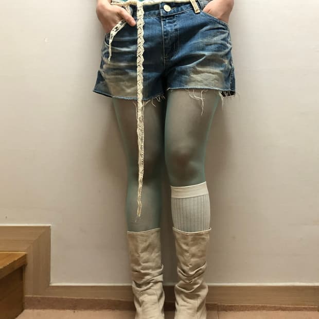 빈티지 레이스 스트랩 데님 팬츠