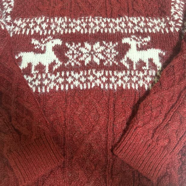 에이블리 꽃사슴 눈꽃 노르딕 꽈배기 루즈핏 니트 빨강색
