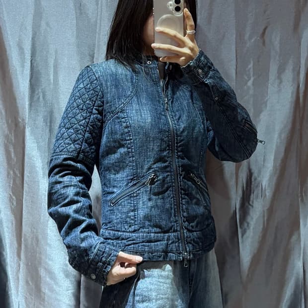 M 데님 절개 패디드 우먼스 바이커 자켓