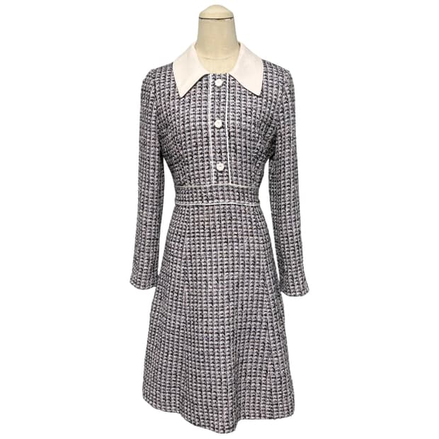 3844 핑크 하객룩 카라 긴팔 트위드원피스