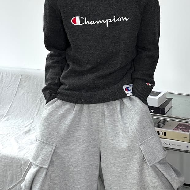 챔피온 빅로고 차콜 니트 L