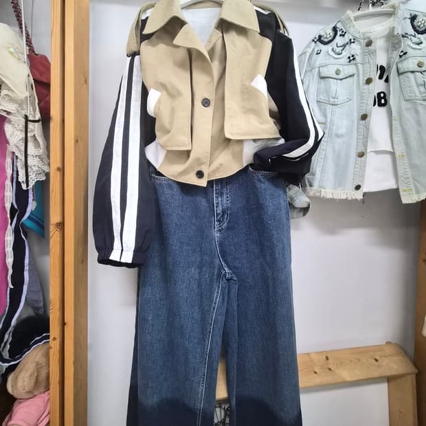 레터링 트렌치점퍼.디자이너 와이드데님