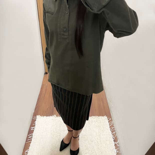 디젤 코튼 긴팔 셔츠 집업 포켓 어깨 견장 소매 로고 프린팅 디테일 카키