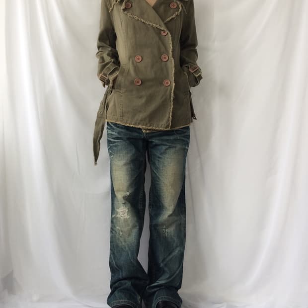 Belted grunge mood double button jacket