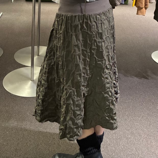 M-L)Japanese vintage 여성 퀼팅 자수 미디 스커트