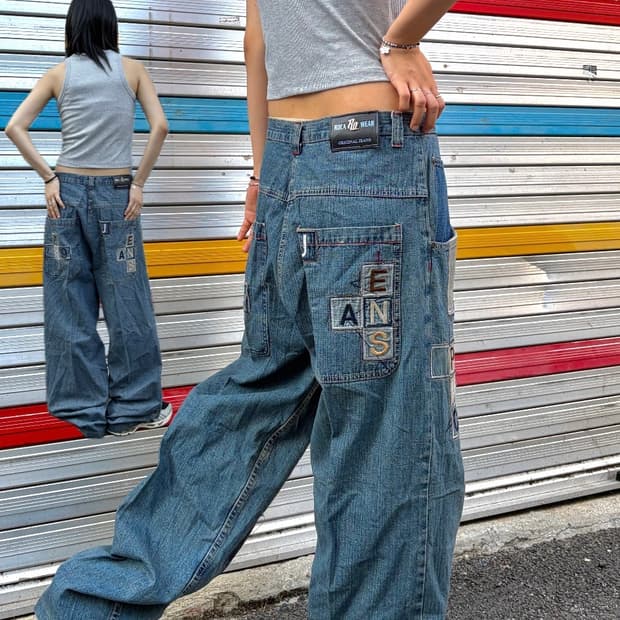 90s Rocawear 아카이브 레터링 패치워크 데님 팬츠 청바지 34
