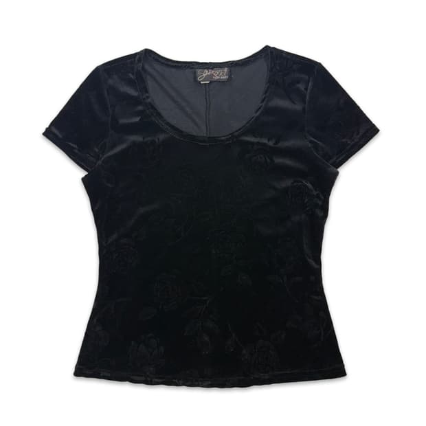 빈티지 블랙 벨벳 로즈 반팔티