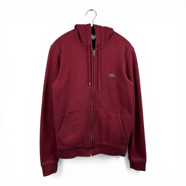(XS) 라코스테 크록 코튼 플리스 후드 집업 자켓 버건디