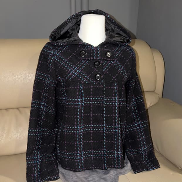 stitch check pattern hood coat