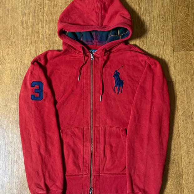 (희귀매물,상태좋음!)폴로 빅포니 레드 버건디 체크 후드집업 xl