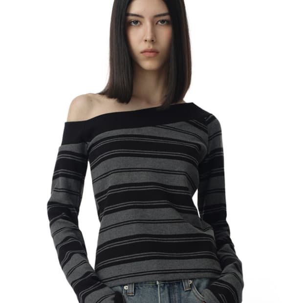 밀로우먼 원숄더 스트라이프 티셔츠 (차콜그레이)