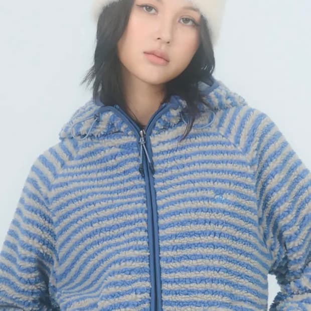 스트라이프 플리스 후드 자켓 블루