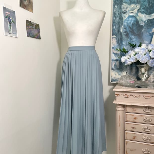 mintblue pleats long banding skirt