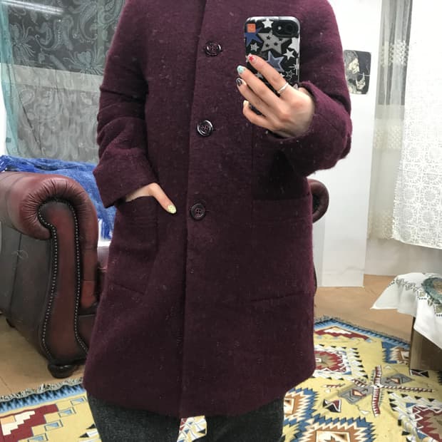 제페니즈 빈티지 모직 퍼플 후드 코트