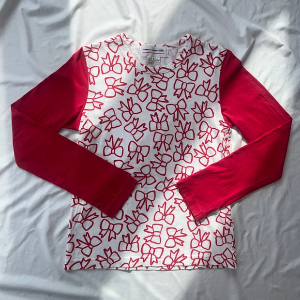 2018 꼼데가르송 걸 리본 패턴 배색 롱슬리브 긴팔 티셔츠