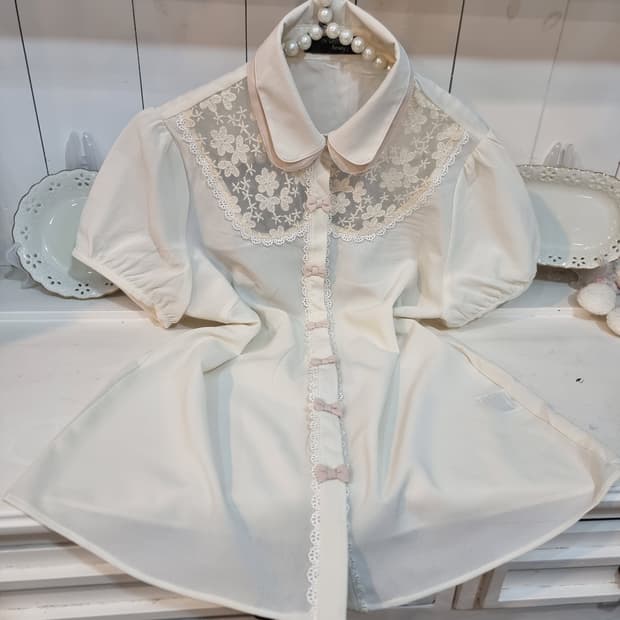 레이스 카라 리본 블라우스 아이보리