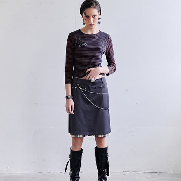 데어드 RAW EDGE CHECKED LAYERED SKIRT