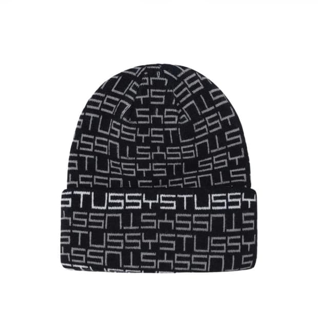 스투시 자카드 커프 비니 블랙