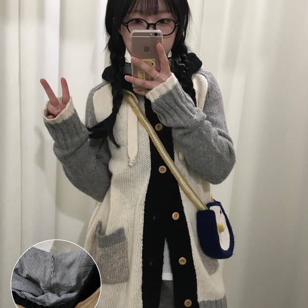 큐브슈가 나그랑 배색 후드 가디건