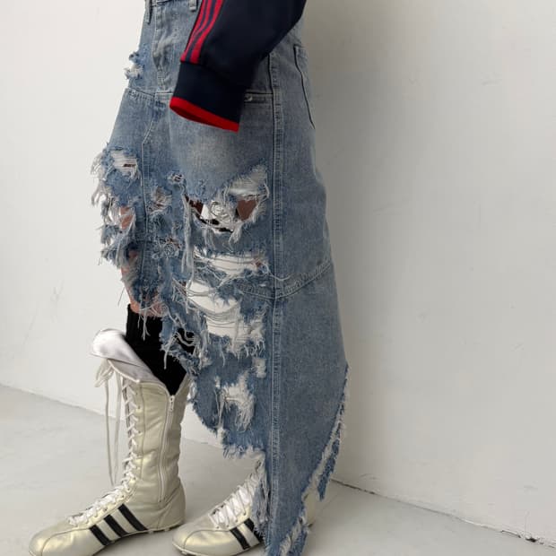 디스트레스 언발 청스커트 