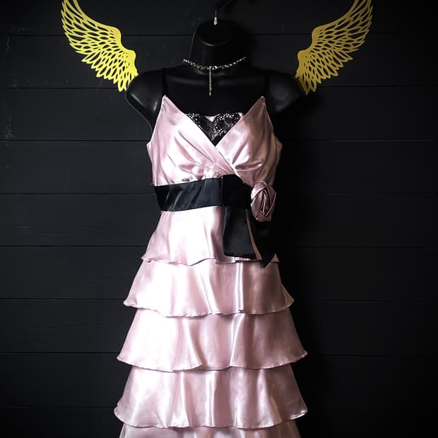 JPN 갸루 꽃 리본 장미 플라워 실크 레이어드 핑크 골드 슬립 원피스