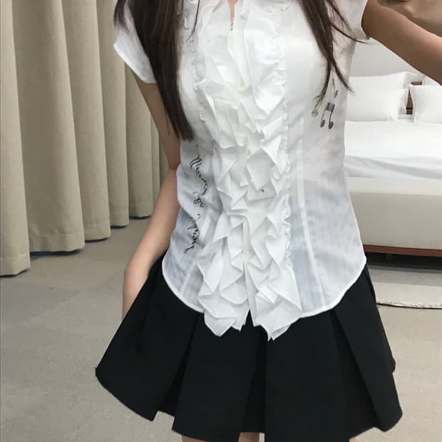 Musical note ruffle white blouse
